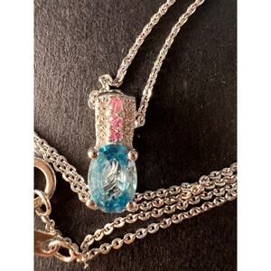 NEW Blue zircon and pink sapphire sterling silver pendant and chain